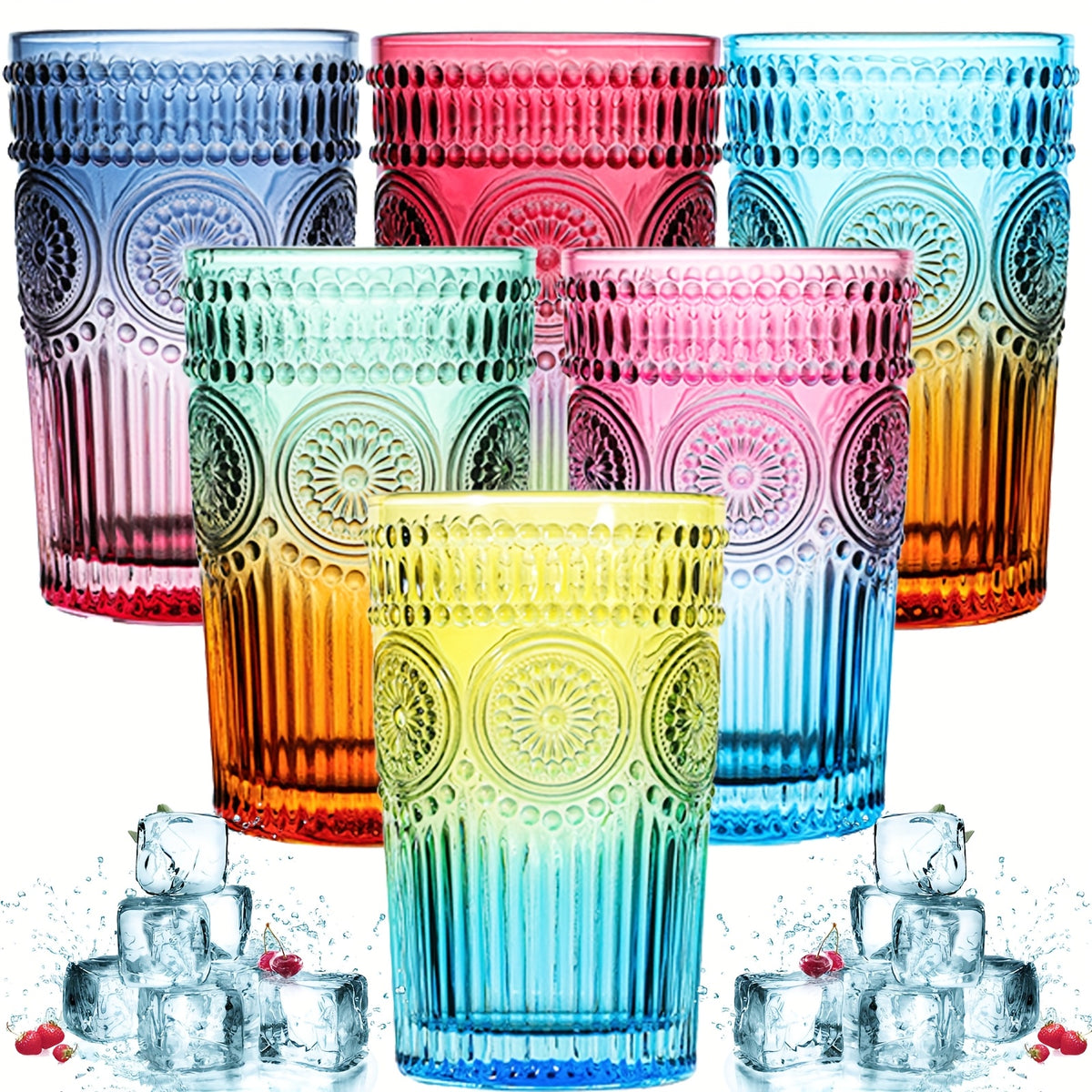 Vintage Glassware Drinking Glasses Set of 6 – 13oz Colored Embossed Flower Textured Tumblers | Elegant Drinkware for Water, Cocktails, Juice & Iced Coffee | 6 Colors