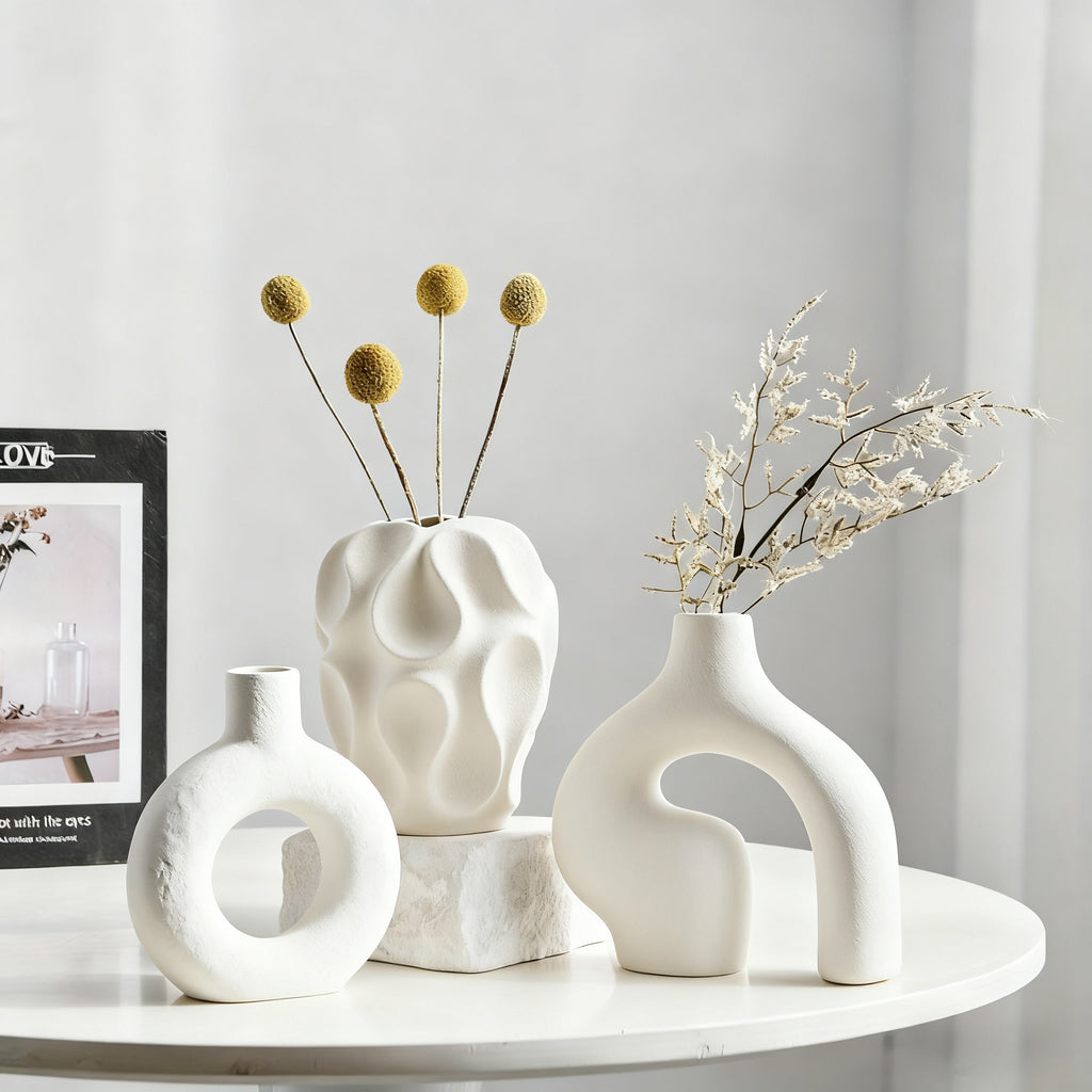 3-Piece Ceramic Vase Set for Home Decor – Bohemian Farmhouse Style Beige Decorative Vases for Pampas Grass, Living Room, Bedroom, Kitchen, Entryway & Mantel