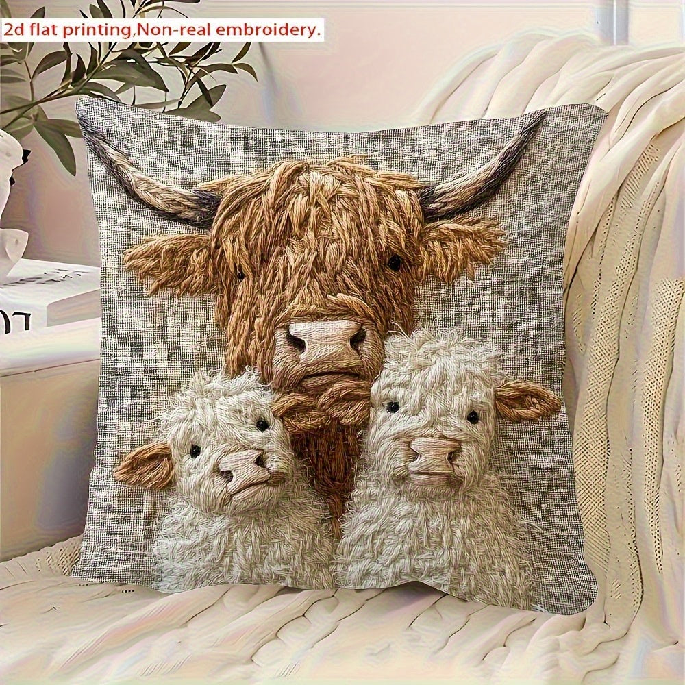 Highland Cow Family Farmhouse Decorative Pillow Cover 18x18 Inch – Soft Polyester Woven Print Cushion Cover with Zipper, Machine Washable, Country Cow Home Decor for Sofa Bed Living Room