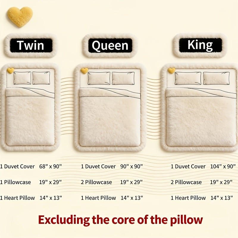 4-Piece Plush Duvet Cover Set – Pillowcases + Heart-Shaped Pillow | Full, Queen, King