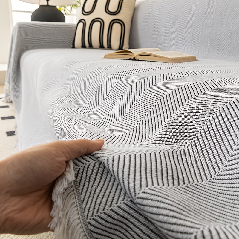 Herringbone Sofa Cover with Tassels – Washable Polyester Throw for 3-Seater, 4-Seater & Large Sofas | Grey, Coffee, Green