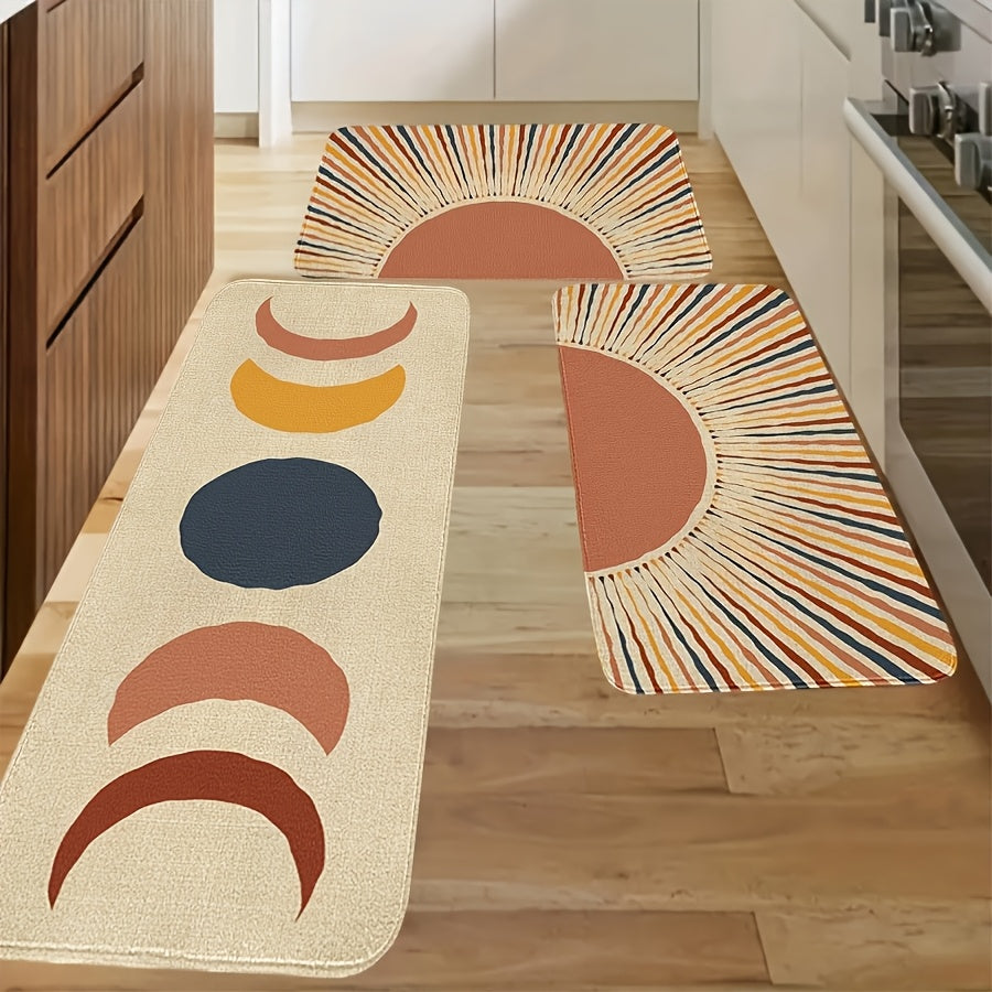 Boho Kitchen Mat Set 2 & 3 Piece Anti-Slip Flannel Retro Bohemian Floor Mats - Soft Comfortable Area Rugs for Kitchen Bathroom Bedroom Living Room Entryway, Easy Clean Indoor Home Decor