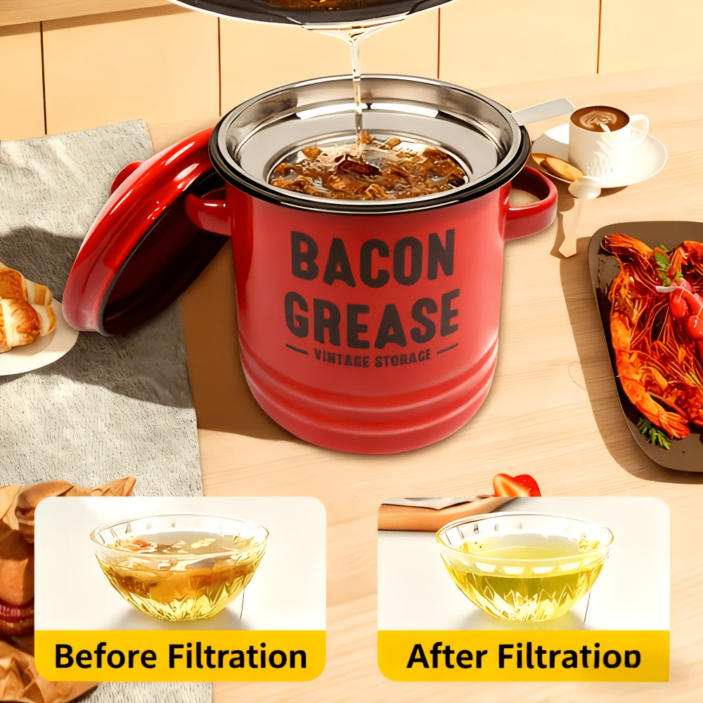 Enamel Cooking Grease Container with Fine-Mesh Strainer – Grease Saver & Oil Keeper with Spatula-Storing Handle, Farmhouse Kitchen Decor (Red or Blue)