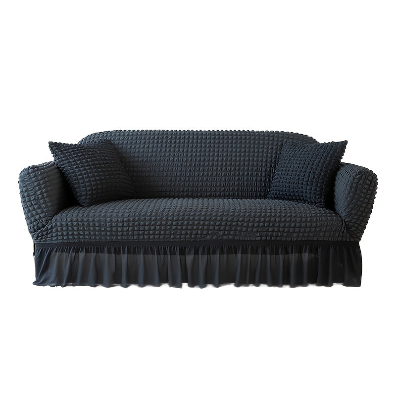 Seersucker Sofa Cover All-In-One Stretch Slipcover – Elastic Band Polyester Spandex Machine Washable Couch Protector for Armchair Loveseat 1 2 3 4 Seater Solid Color