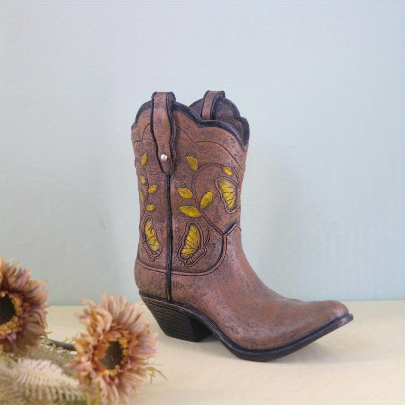 Western Cowboy Boots Resin Vase Ornament Hydroponic Flower Arrangement Container – Creative Light Luxury Living Room Home Decoration Decorative Accent Piece