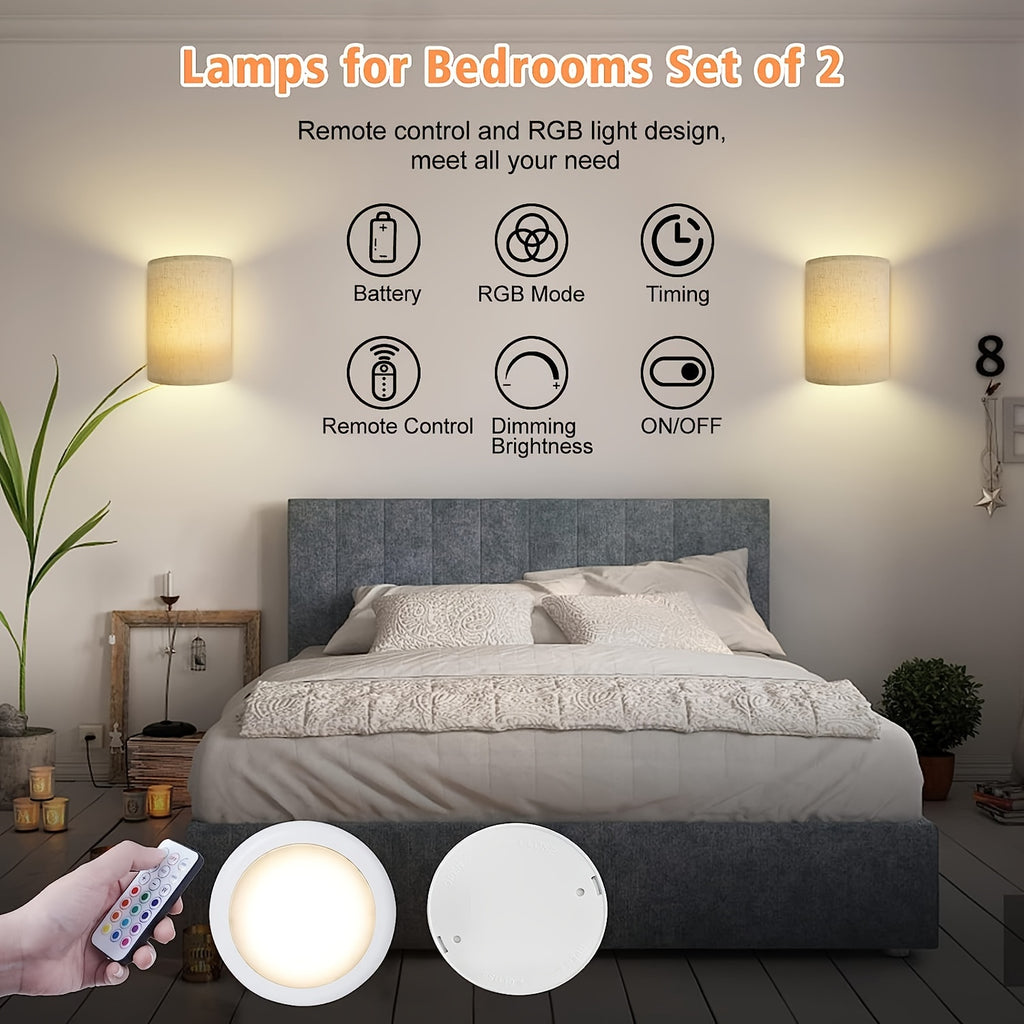LED Wall Sconce Set of 2 Battery-Powered RGBW Dimmable - Linen Fabric Shade, Remote Control, No Wiring, for Bedroom Living Room Hallway Decor | Nuvia Haven