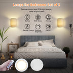 LED Wall Sconce Set of 2 Battery-Powered RGBW Dimmable - Linen Fabric Shade, Remote Control, No Wiring, for Bedroom Living Room Hallway Decor | Nuvia Haven