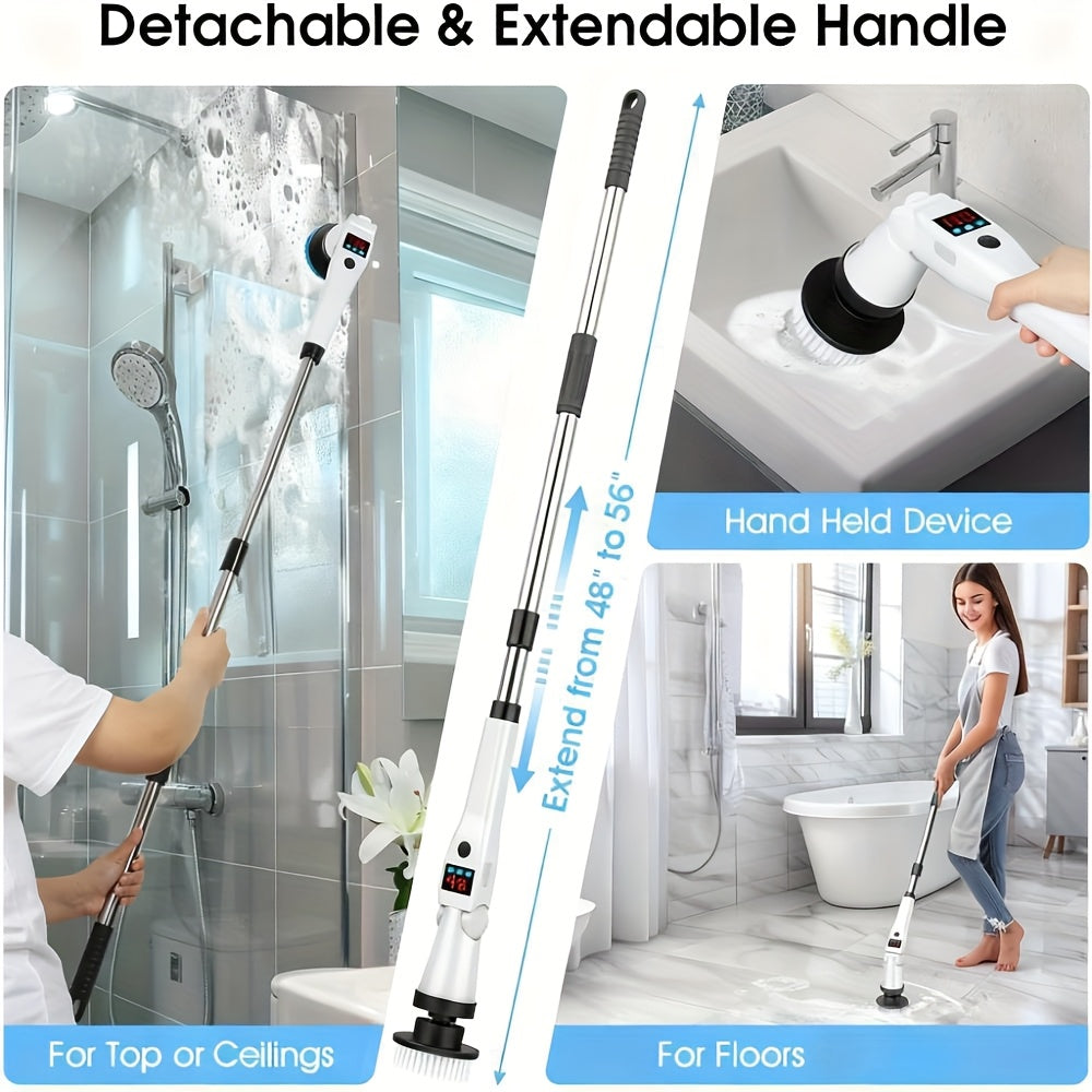 Electric Spin Scrubber Cordless with 8 Replaceable Brush Heads Extension Handle 3 Speeds 90-Min Battery USB Rechargeable for Bathroom Shower Tile Grout Tub Floor Kitchen