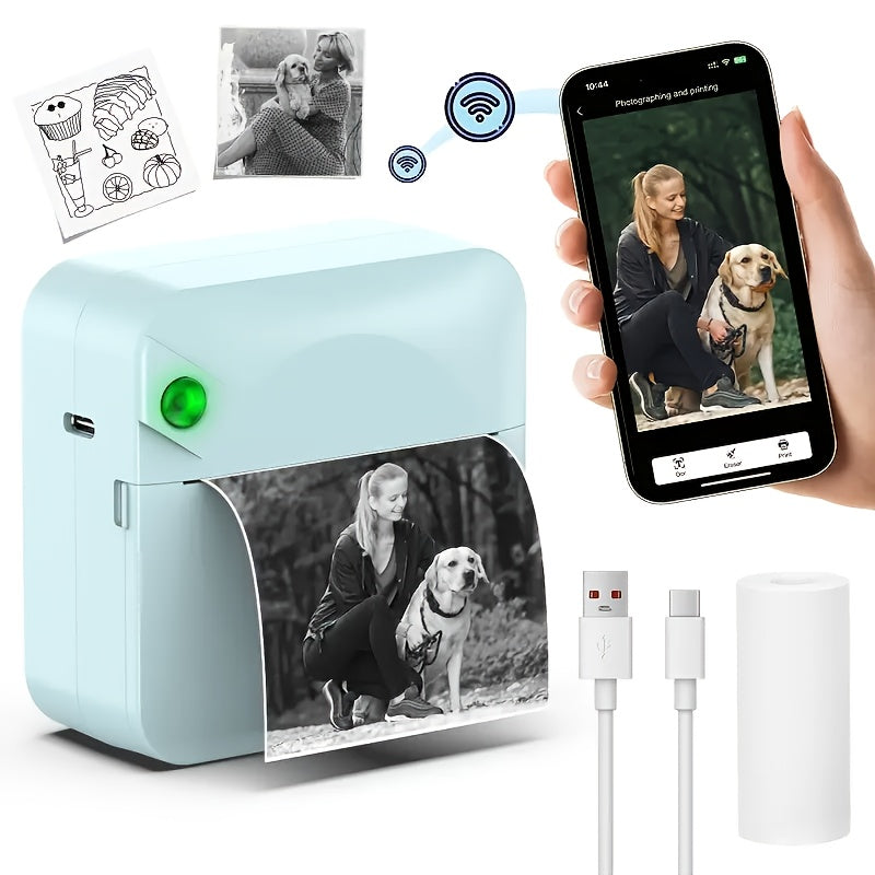 Mini Pocket Thermal Printer Inkless Wireless Sticker Photo Printer with 1 Roll Thermal Paper Portable Receipt Printer for Photos Diaries Notes Memos