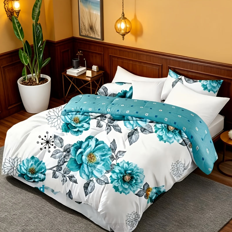 Teal Floral Comforter Set 2/3pcs - Gradient Oil Painting Style Elegant Botanical Floral All-Season Luxury Quilt Set Soft Lightweight Breathable Microfiber Twin Queen King