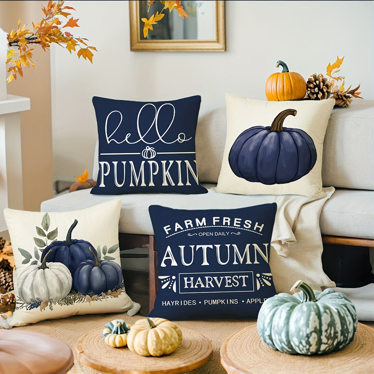 Fall Blue Pumpkin Throw Pillow Covers, Set of 4 – 18x18 Inch Rustic Farmhouse Autumn Cushion Cases for Sofa, Couch & Porch