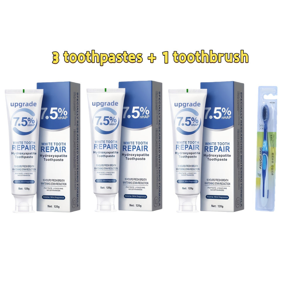 Hydroxyapatite Toothpaste 3 Pack 7.5% Nano Formula with Toothbrush Whitens Teeth Freshens Breath Travel Home Oral Care - Gift for Women