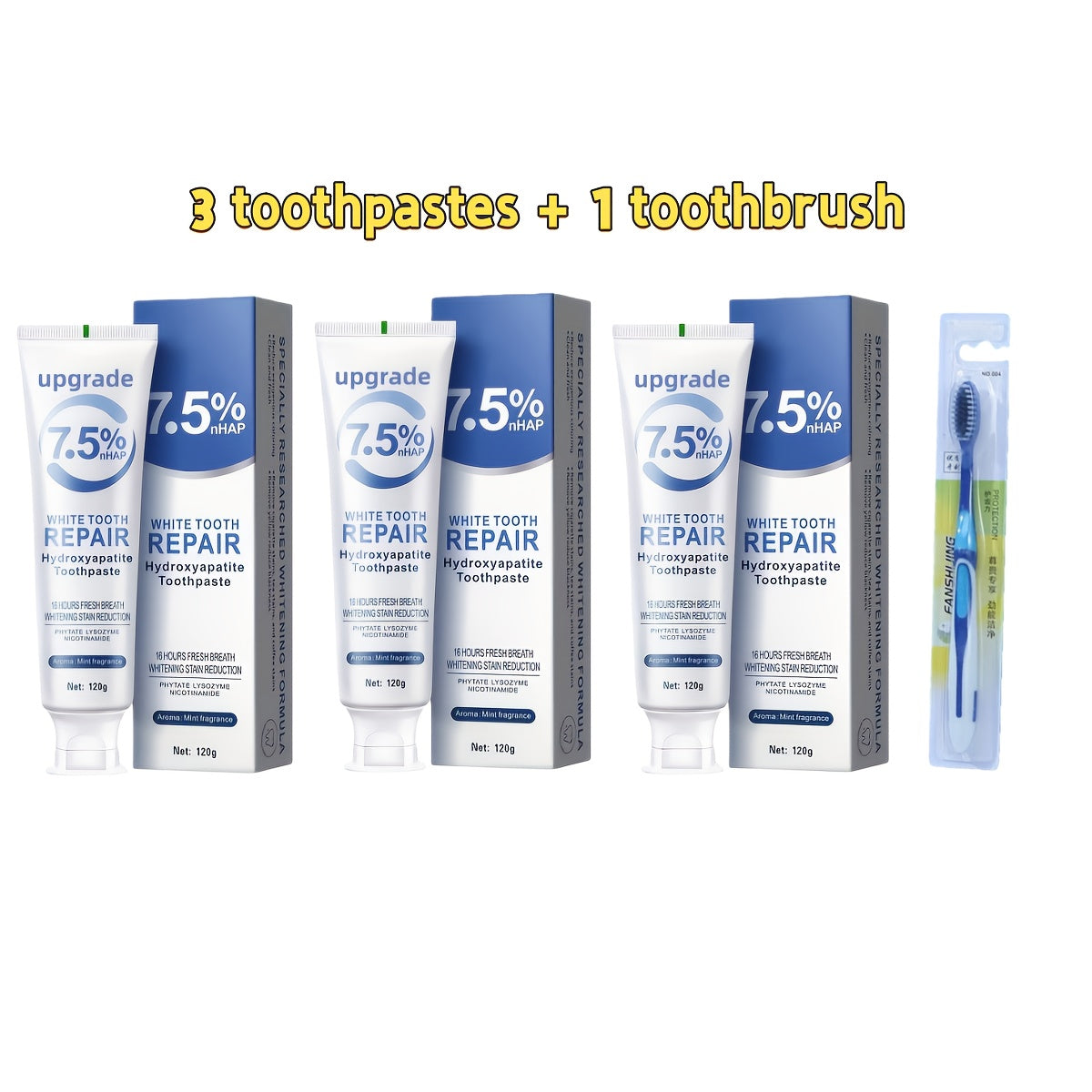 Hydroxyapatite Toothpaste 3 Pack 7.5% Nano Formula with Toothbrush Whitens Teeth Freshens Breath Travel Home Oral Care - Gift for Women