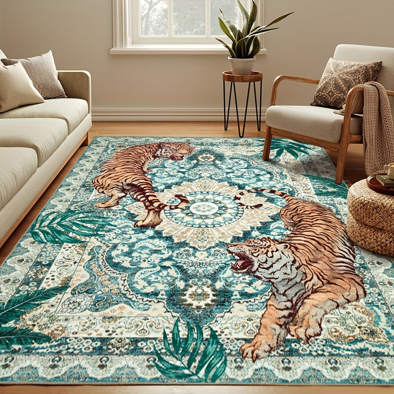 Tiger Jungle Area Rug – Washable Non-Slip Indoor Carpet for Living Room, Bedroom & Home Office | Red, Green, Beige | 5x7 to 9x12 ft | Nuvia Haven