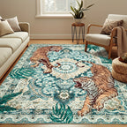 Tiger Jungle Area Rug – Washable Non-Slip Indoor Carpet for Living Room, Bedroom & Home Office | Red, Green, Beige | 5x7 to 9x12 ft | Nuvia Haven