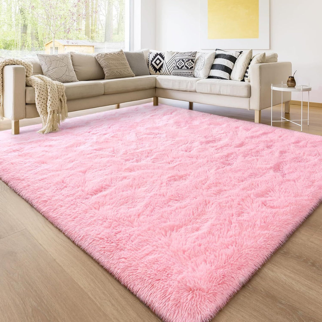 Pink Soft Shaggy Area Rug for Living Room & Bedroom - Fluffy Non-Slip Thickened Carpet for Bedroom, Dormitory & Home Decor, Moisture Resistant Easy Clean in 4x6, 5x8, 6x9, 8x10 Ft