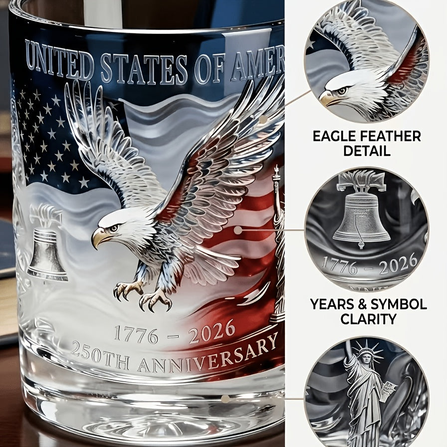 Patriotic Engraved Drinking Glass – USA 250th Anniversary Commemorative Edition, Deep Etched Relief Borosilicate Glass with HD Surround Print, Gift for Veterans & Men