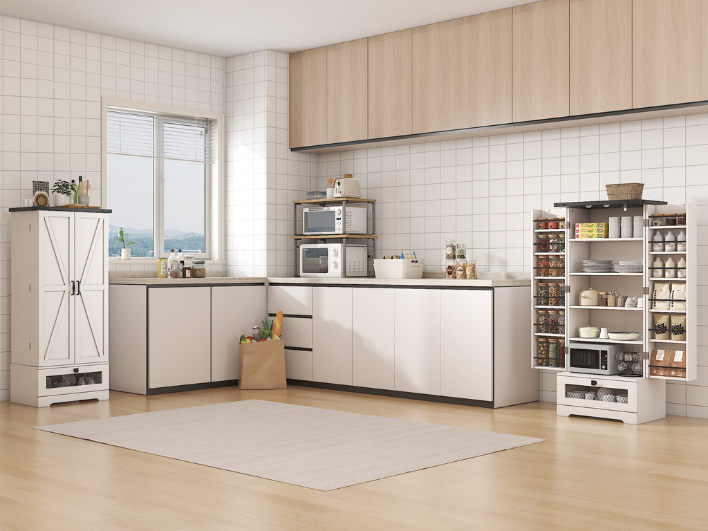 55 Inch Pantry Cabinet Kitchen Storage Cabinet with Adjustable Shelves and Drawer Wooden Buffet Cupboard for Kitchen Living Room Bathroom Dining Room Black White Brown