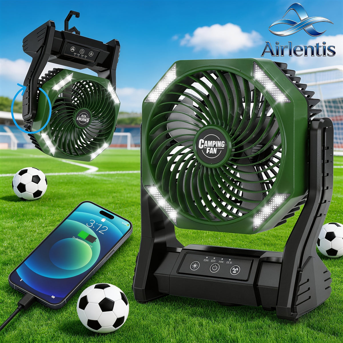 Camping Fan 20000mAh Battery LED Light 4-Speed Brushless Motor 180 Degree Oscillation 22-26H Runtime Portable Rechargeable Outdoor Fan for Camping Hiking Picnic Emergency Power Outage Green