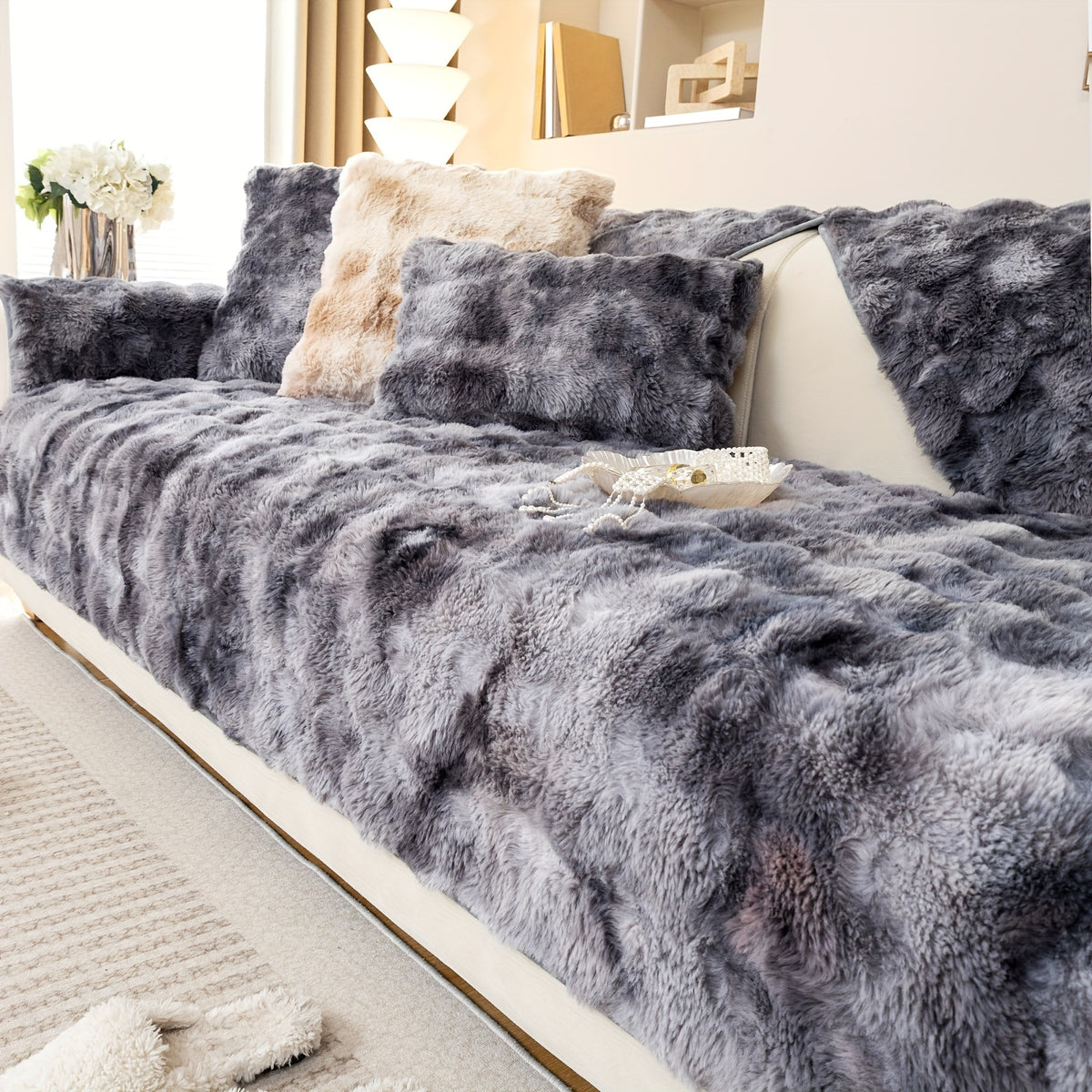 Faux Lamb Fluffy Sofa Cover Modern Gradient – Thick Plush Pet-Friendly Polyester Sofa Protector, Machine Washable 450-500g Fabric for Single, Double, Triple & Combination Sofas