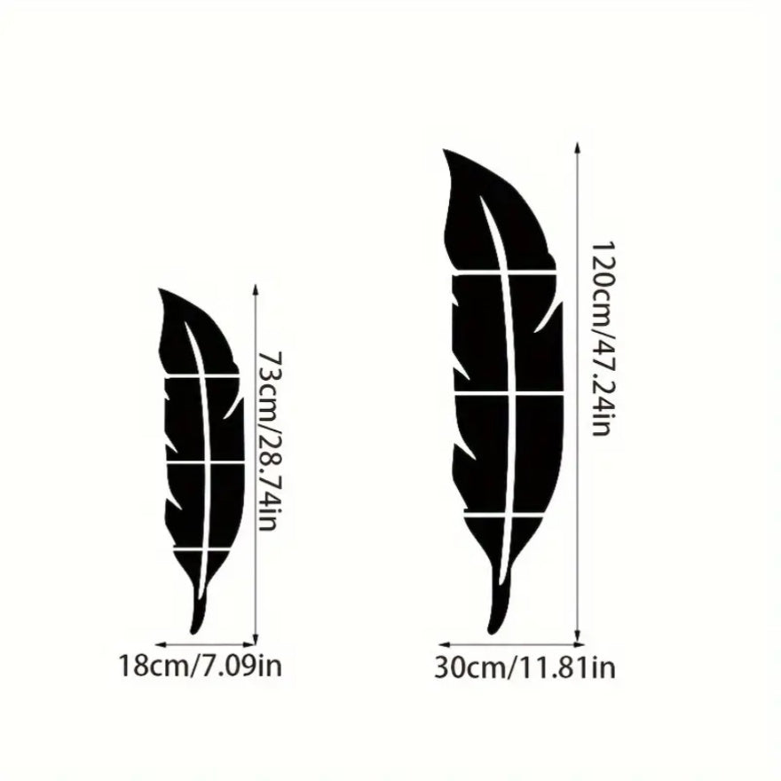 Acrylic Feather Mirror Wall Stickers Silver Self-Adhesive 47x12 Inch Decorative Mirror Wall Decal Art for Living Room Bedroom Home Wall Decoration