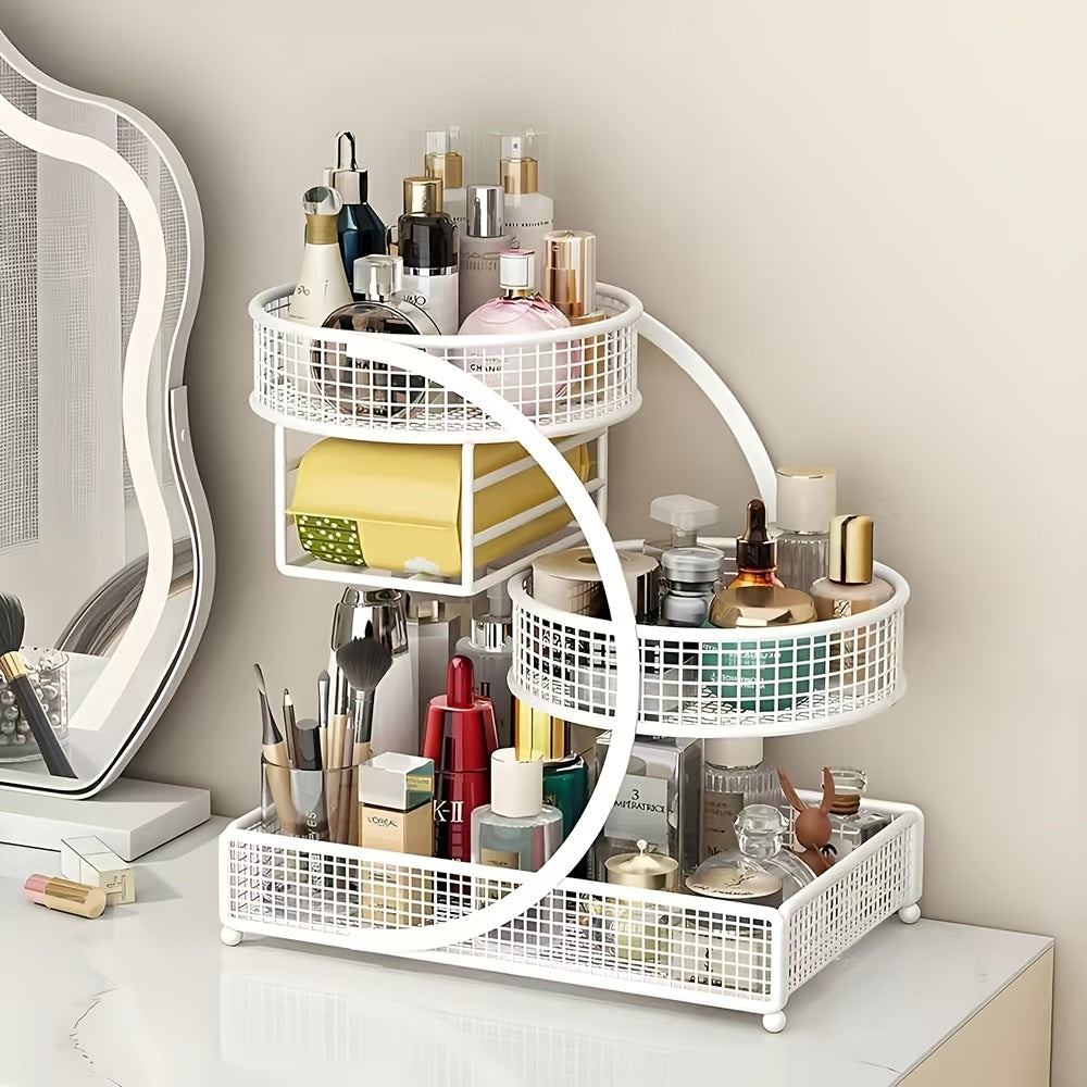 3-Tier Metal Cosmetic Organizer with Tissue Box Holder – No-Install Bathroom Countertop & Dressing Table Storage Rack, Lightweight