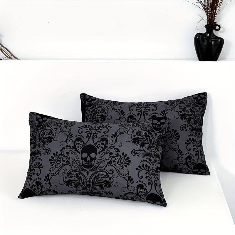 Gothic Skull Fitted Sheet Set 3-Piece – Victorian Baroque Black & Gray Skull Pattern, Deep Pocket 15", Machine Washable Hypoallergenic Bedding, Twin Full Queen King
