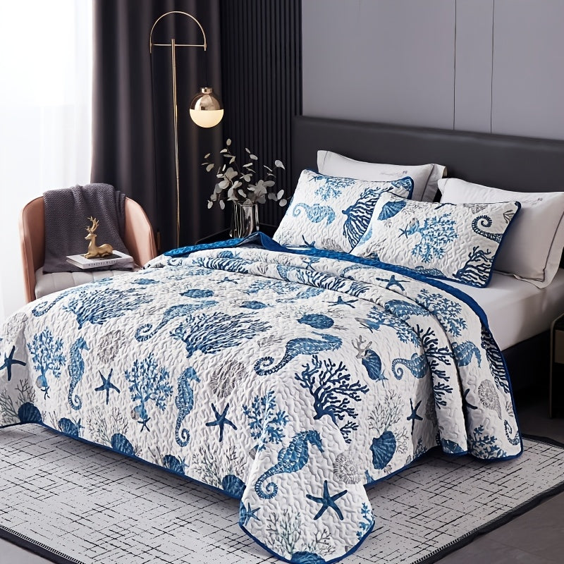 Ocean Style Quilt Cover Set 3pcs - Seahorse and Coral Pattern Bedspread with 2 Pillowcases Machine Washable All Seasons Soft Breathable Bedding for Bedroom and Dorm