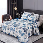 Ocean Style Quilt Cover Set 3pcs - Seahorse and Coral Pattern Bedspread with 2 Pillowcases Machine Washable All Seasons Soft Breathable Bedding for Bedroom and Dorm