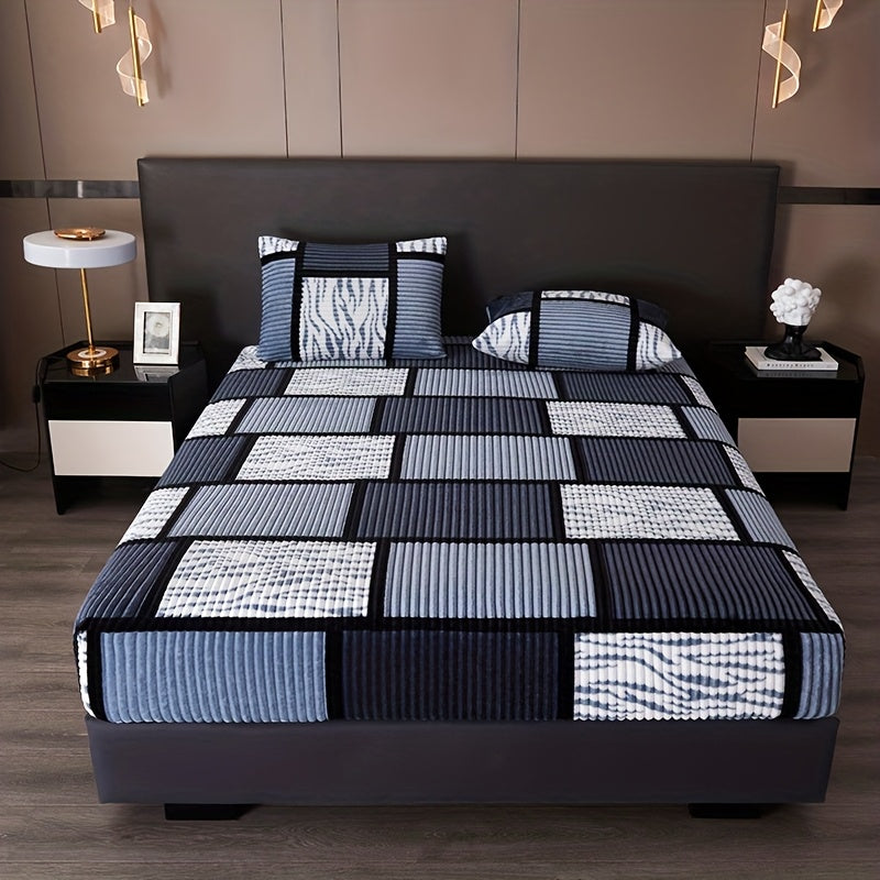 Velvet Fitted Sheet Geometric Checkered Flannel Microfiber Soft Skin-Friendly Machine Washable All-Season Twin Full Queen King Smoke Brown Rock Ash