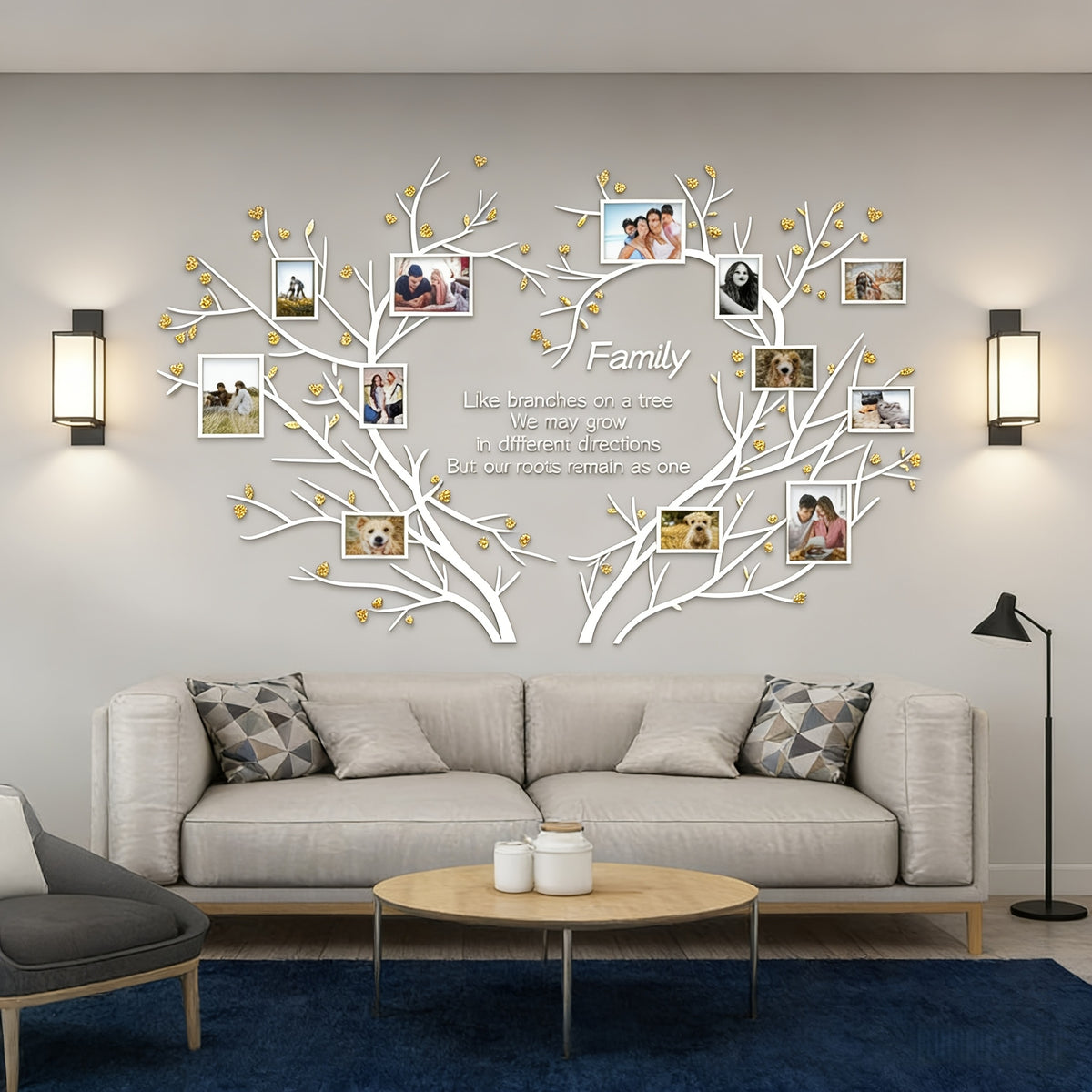 Family Tree Collage Frame Wall Decor - Removable 3D Acrylic Heart Design Photo Frames - DIY Peel and Stick Wall Art for Living Room and Bedroom - Unique Family Gift for Home