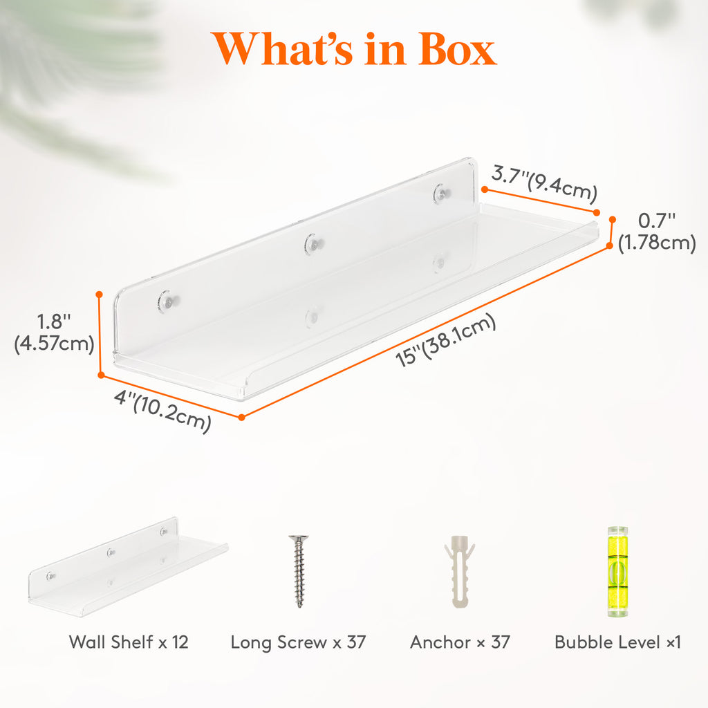Floating Wall Shelf 15 Inch Transparent Acrylic – Clear Wall-Mounted Display Shelf for Books, Vinyl Records, Photos & Decor | Space-Saving Storage Organizer for Bedroom, Living Room, Bathroom & Kitchen