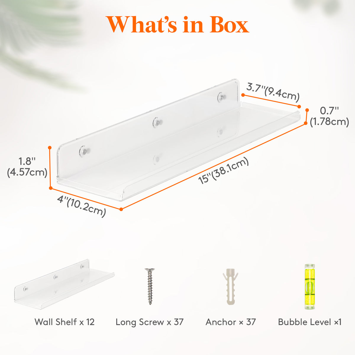 Floating Wall Shelf 15 Inch Transparent Acrylic – Clear Wall-Mounted Display Shelf for Books, Vinyl Records, Photos & Decor | Space-Saving Storage Organizer for Bedroom, Living Room, Bathroom & Kitchen