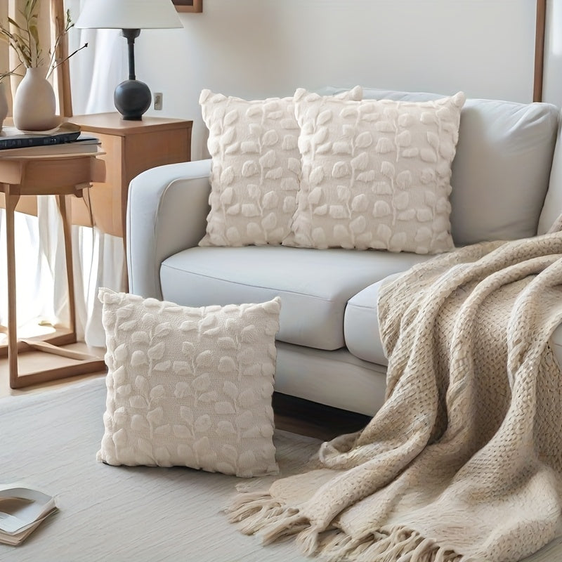 Eucalyptus Leaf Faux Plush Jacquard Pillow Covers Set of 2, 18x18 Inch Boho Cottage Quilted Cushion Cover with Zipper, Machine Washable, White & Khaki, Bedroom Sofa Home Decor