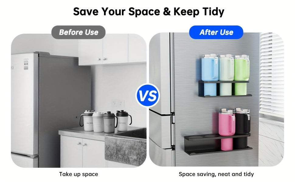 Magnetic Cup Holder for Fridge Heavy Duty Metal Organizer Rack for Tumblers Water Bottles Travel Mugs Drinkware - Magnetic Fridge Cup Organizer for Kitchen Pantry Cabinet Laundry Room, Black, 1-2 Pack