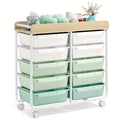 10-Tier Rolling Storage Cart with Drawers and Tabletop Portable Utility Organizer for Home Office Classroom Art Supplies Crafts Cosmetics Green White Rainbow