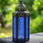 Moroccan Candle Lantern Holder Medium 10.5 Inch – Handcrafted Glass Iron Metal Lantern with Embossed Floral Panels, 17 Colors, Indoor Outdoor Use for Ramadan, Wedding, Patio, Diwali & Home Decor