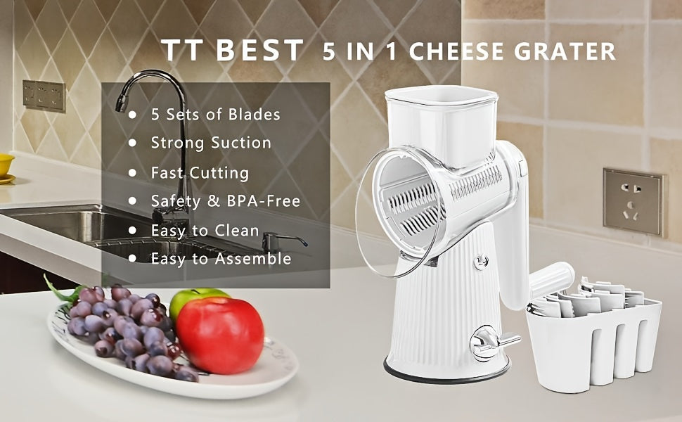 5-in-1 Rotary Cheese Grater with Interchangeable Blades, Suction Cup Base & Handle – Manual Vegetable Slicer Shredder for Cheese, Fruits, Nuts & Vegetables – Easy Clean Kitchen Tool Set