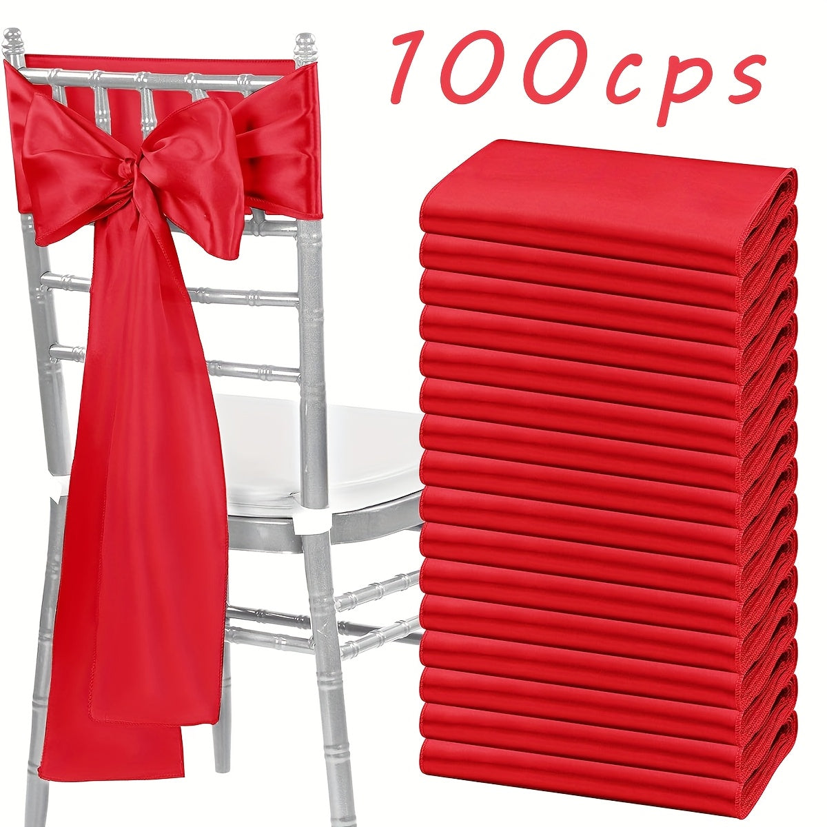 Satin Chair Bow Ribbons 100-Pack – 7×108 Inch Universal Streamer for Wedding Reception Banquet Party Hotel Christmas Decor, 15 Colors