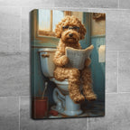 Funny Dog Bathroom Wall Art – Framed Canvas Print Dog on Toilet Reading Newspaper, Humor Bathroom Decor for Dog Lovers, Quirky Animal Poster for Restroom & Powder Room, Ready to Hang