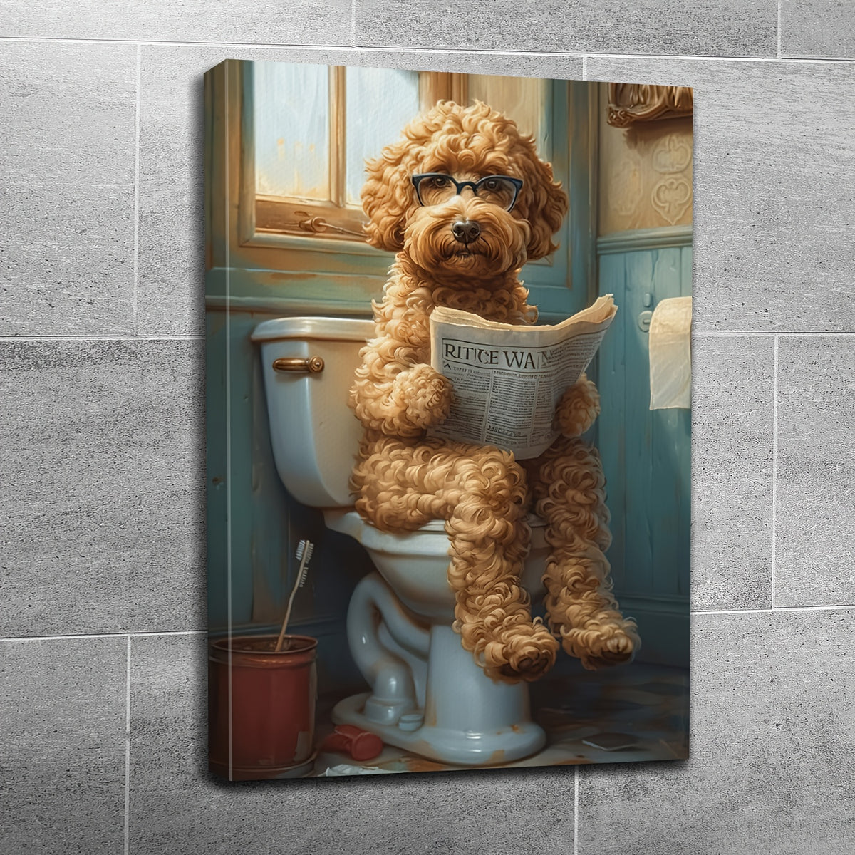 Funny Dog Bathroom Wall Art – Framed Canvas Print Dog on Toilet Reading Newspaper, Humor Bathroom Decor for Dog Lovers, Quirky Animal Poster for Restroom & Powder Room, Ready to Hang