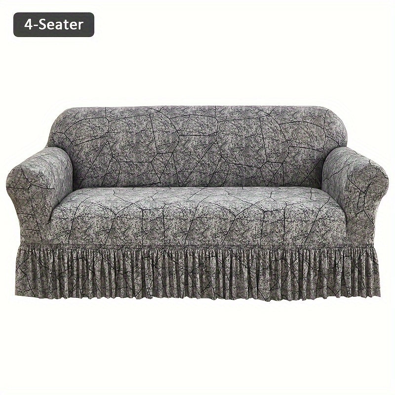 Printed Elastic Skirt Sofa Cover Slipcover with Bottom Skirt | Stretch Fitted Couch Protector for Living Room, Single 2-Seater 3-Seater 4-Seater