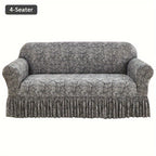 Printed Elastic Skirt Sofa Cover Slipcover with Bottom Skirt | Stretch Fitted Couch Protector for Living Room, Single 2-Seater 3-Seater 4-Seater