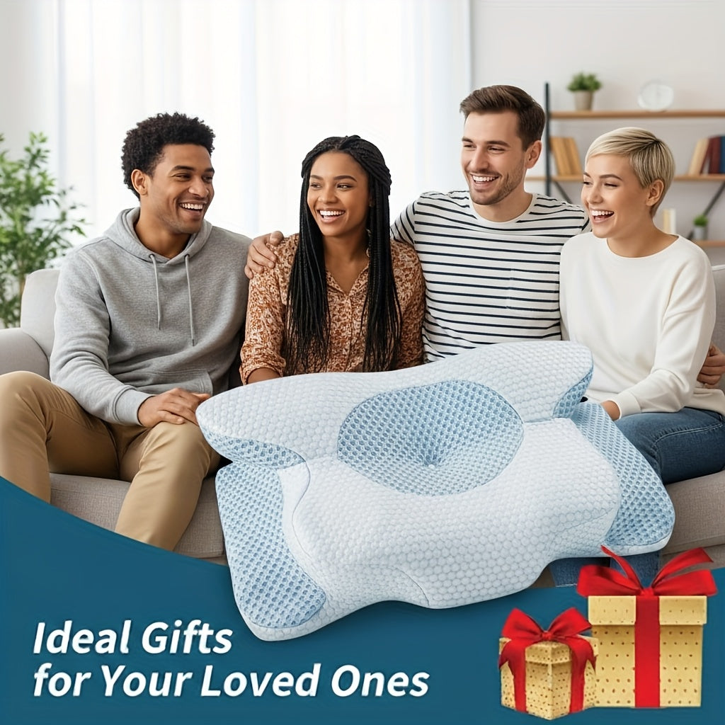 Cooling Neck Pillow Ergonomic Contour Support - Viscose Fill Breathable Cooling Cover, High-Loft Cervical Pillow for Side & Back Sleepers, Blue & Grey