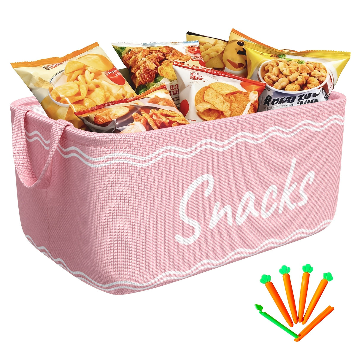 Large Snack Bin Organizer with 5 Chip Clips – Countertop Pantry Snack Basket for Chips, Pretzels, Cookies & Popcorn, Kitchen Organization Shelf Basket