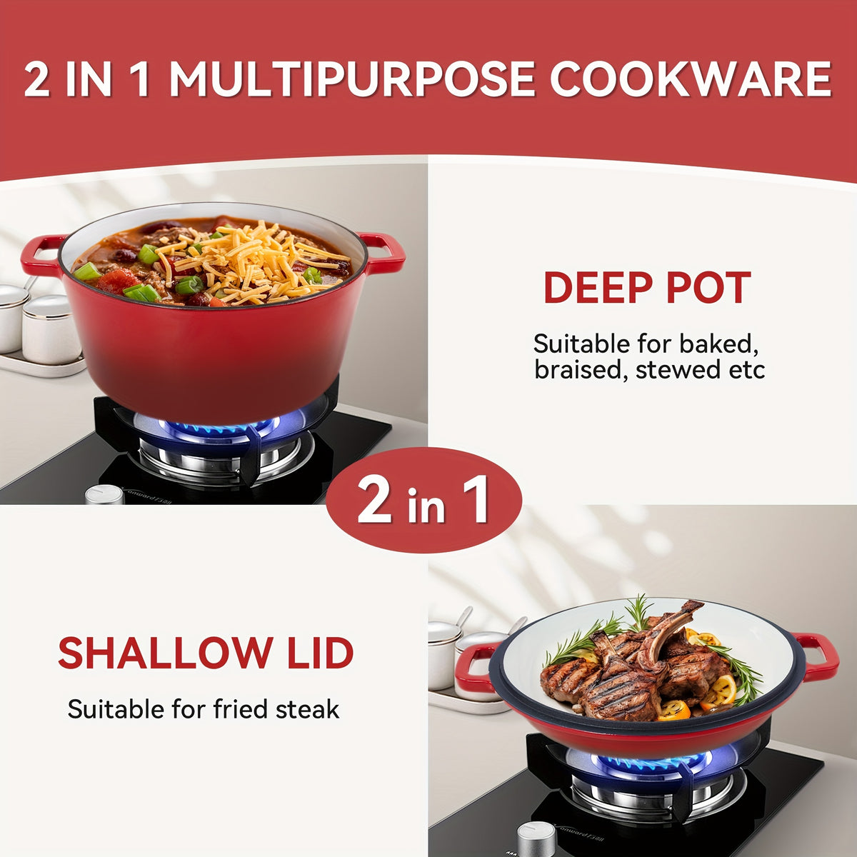 6 Quart 2-in-1 Enameled Cast Iron Dutch Oven and Casserole Nonstick Oven Safe 500°F Dual Handles All Stovetops Bread Baking Cooking Stewing