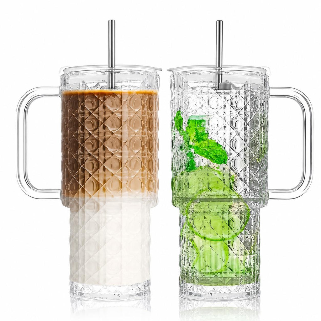 16oz Glass Tumbler with Lid and Straw 1pc or 2pcs - Heavy Duty Reusable Machine Washable Drinking Glass for Iced Coffee Smoothies Cocktails Juices, Home Office Travel