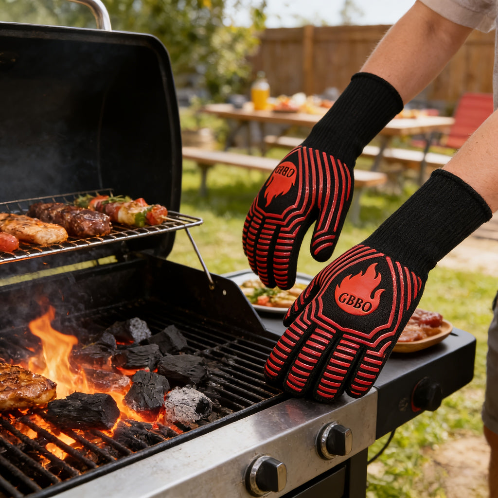 Heat-Resistant Silicone BBQ Grilling Gloves – Food-Safe Heat-Insulating Glove Set for Indoor & Outdoor Grilling, Barbecuing, Baking & Cooking, Red and Black