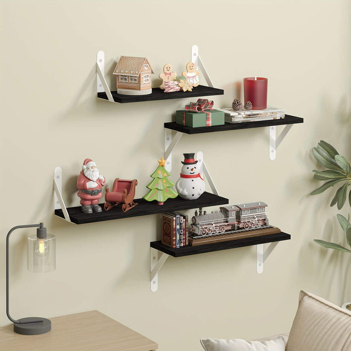 Floating Wall Shelves 4-Pack Wall Mounted Display Shelf for Bedroom Living Room Bathroom Plants Home Decor Storage Wood Color Walnut Black White Light Gray
