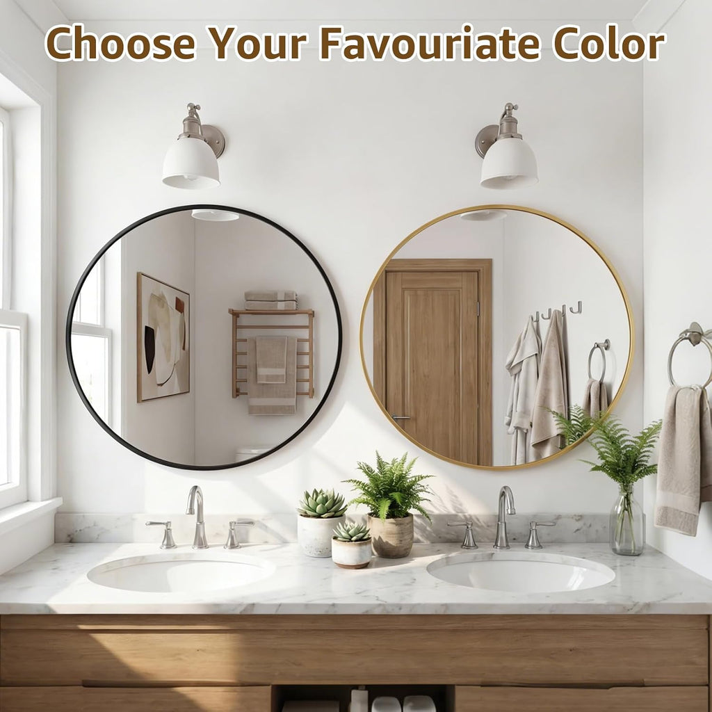 Round Wall Mirror 20 24 28 30 Inch – Circle Vanity Mirror for Bathroom, Bedroom & Living Room | Anti-Rust Modern Decor | Black & Gold